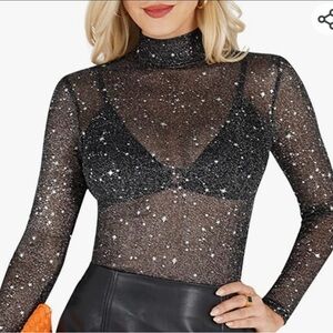 Mangopop Black Sheer Mesh Star Constellation Mock Neck Top Goth Rave Wear Size M